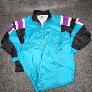 Puma Vintage Nylon Track Suit Jacket Pants Teal Purple Black 90s Large Retro
